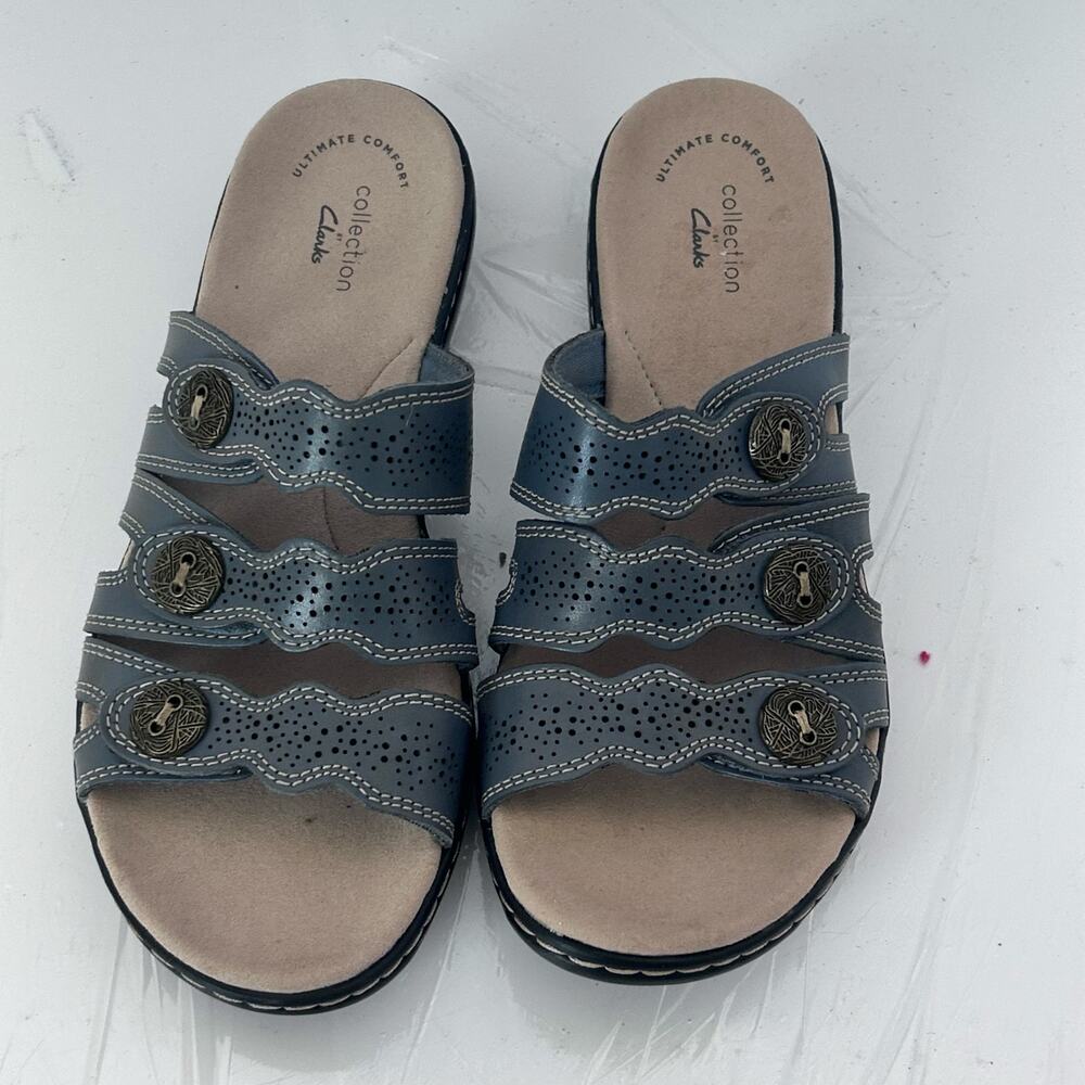 Clarks Leisa Grace Ultimate Comfort Leather Slide Sandals Blue Grey US 8.5 NWOT